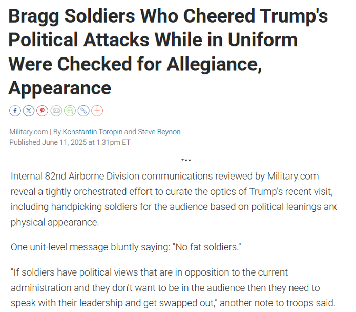 ReichlinMelnick's tweet photo. WOW! Trump and Hegseth ordered the military to screen attendees for his Fort Bragg rally to exclude any soldier who might disagree with Trump's politics, as well as anyone who was overweight — because Hegseth/Trump didn't want them seen in the crowd by the cameras.

Outrageous! https://t.co/XuOMltzLR3