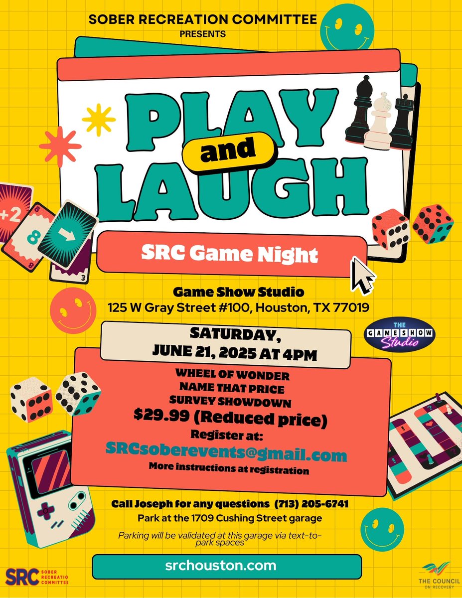 The Council on Recovery (@councilrecovery) on Twitter photo Join the Sober Recreation Committee for a night of fun, laughter, and friendly competition!
📅 Date: Saturday, June 21, 2025
📍 Location: Game Show Studio, 125 W Gray St. #100, Houston, TX
💲 Special Price: $29.99
✨Email SRCsoberevents@gmail.com to secure your spot! Join the Sober Recreation Committee for a night of fun, laughter, and friendly competition!
📅 Date: Saturday, June 21, 2025
📍 Location: Game Show Studio, 125 W Gray St. #100, Houston, TX
💲 Special Price: $29.99
✨Email SRCsoberevents@gmail.com to secure your spot!