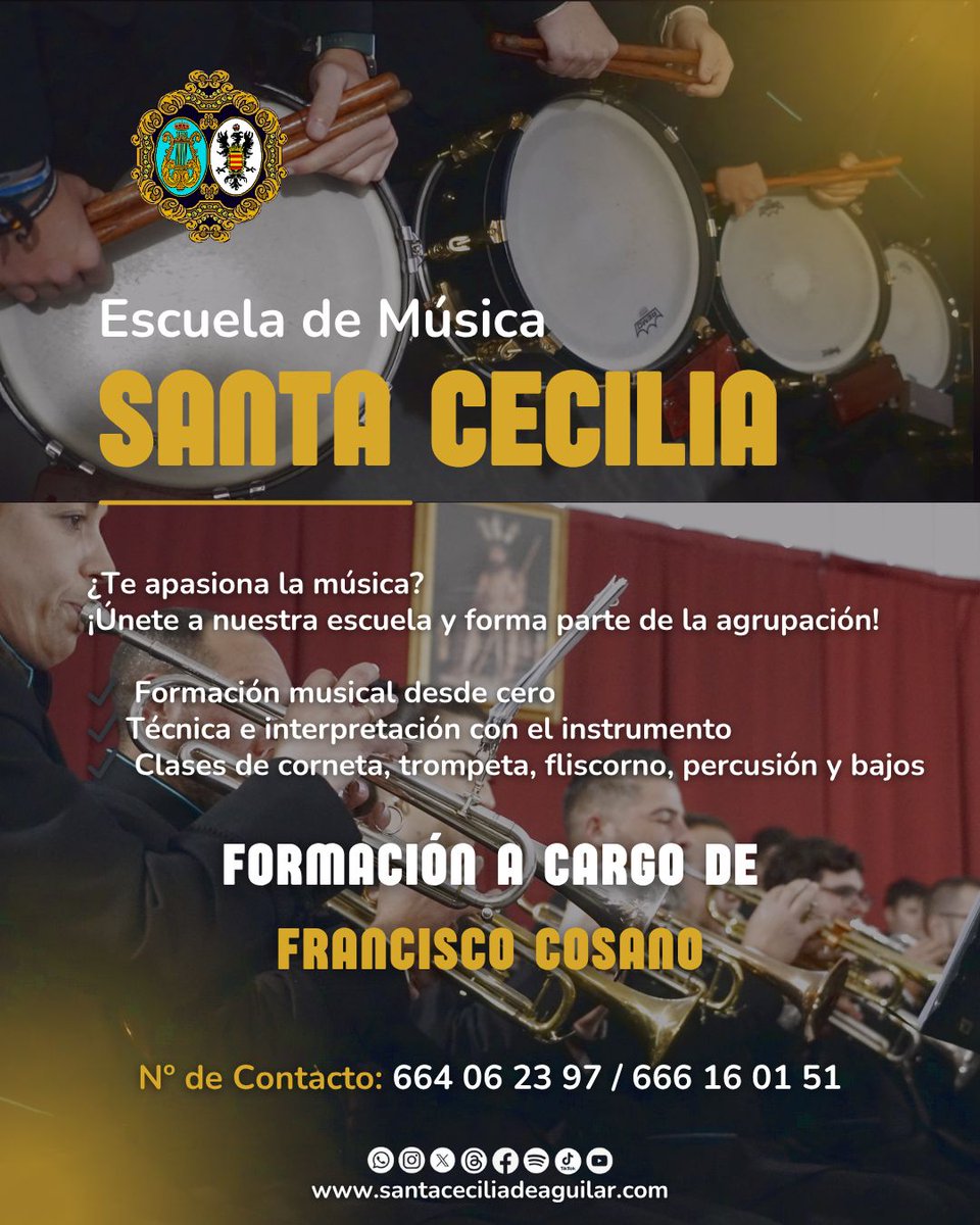 📢 ¡𝐀𝐫𝐫𝐚𝐧𝐜𝐚 𝐧𝐮𝐞𝐬𝐭𝐫𝐚 𝐄𝐬𝐜𝐮𝐞𝐥𝐚 𝐝𝐞 𝐌𝐮́𝐬𝐢𝐜𝐚!

¿Te gustaría aprender corneta, trompeta, fliscorno, bajo o percusión?

✔ Formación básica
✔ Técnica con tu instrumento
🎶 Pronto más info sobre días y horarios.
📩 Contacto en la imagen o por redes.