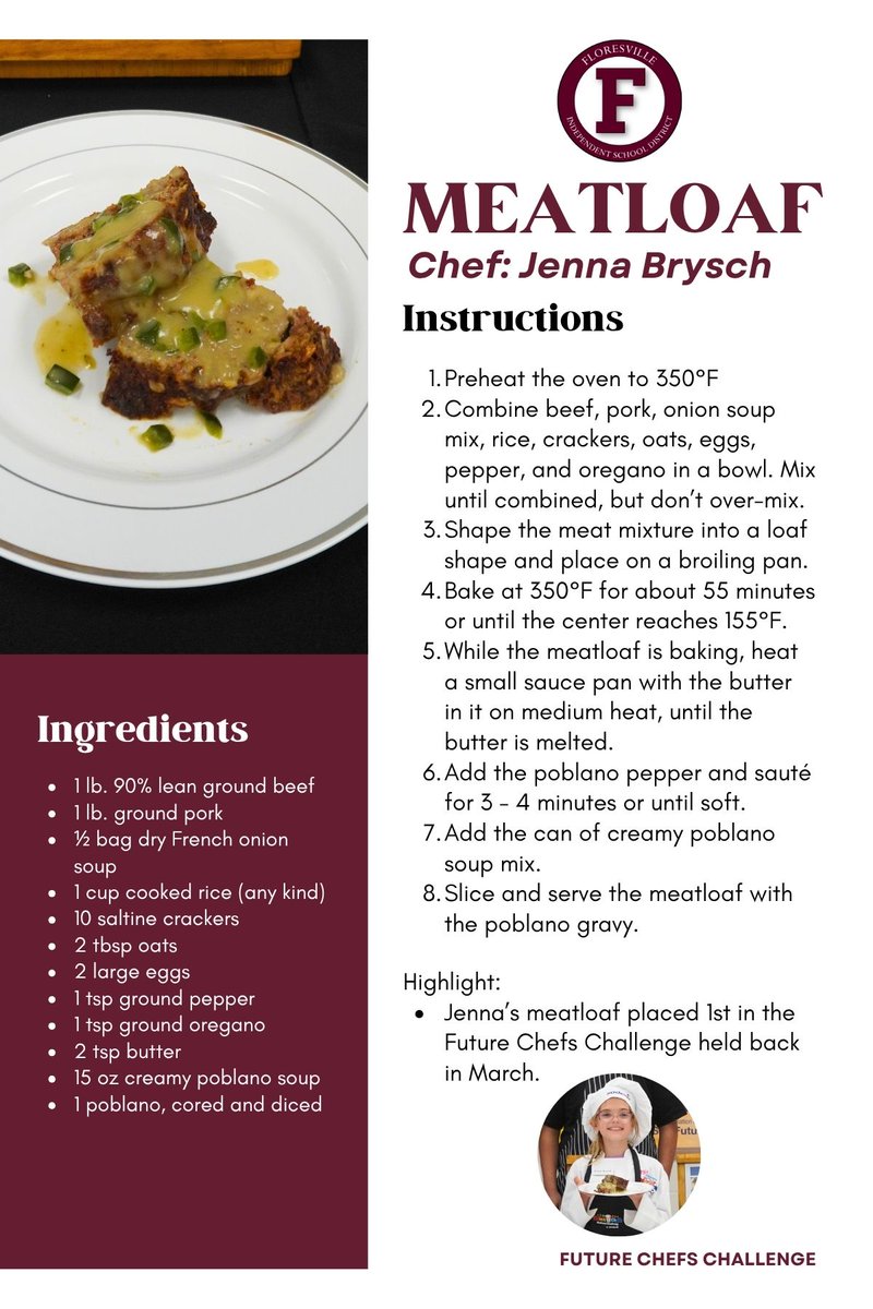 🍽️SAVE THIS!🍽️
FNE student Jenna Brysch won our Future Chefs Challenge with her delicious meatloaf! We are sharing her recipe with you so you can try it at home. It's simple, easy to make, and we're sure it'll become a family favorite! #FISDGreatKids