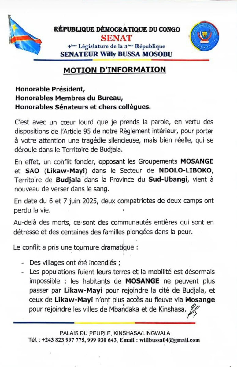 NdondoFranklin's tweet photo. #SENAT_DRC
L'honorable sénateur @WiilyBussa1 n'as pas hésiter de déposer sa motion d'information lors de la plénière de ce Mercredi 11/06/2025 au #SENAT, relative à la situation de crise inter ethnique entre la poption d #Mosenge et cellede #Likaw M
À lire ds la note ci-jointe! https://t.co/feyLdP8C7d