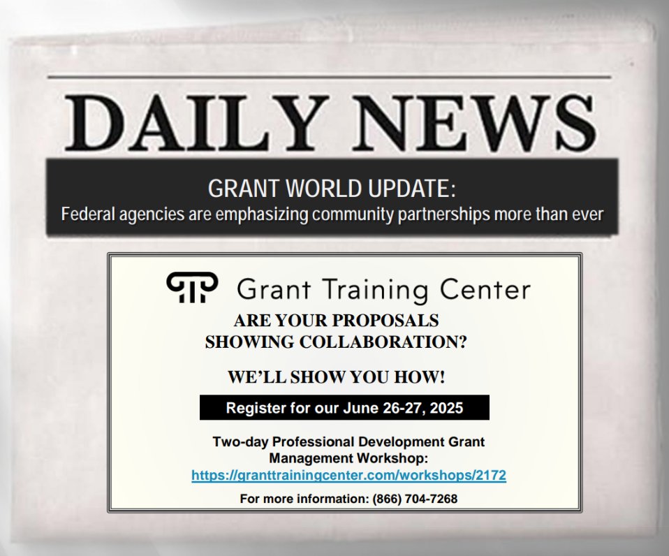GrantTrainingDC's tweet photo. 💡 Are your proposals showing collaboration? We’ll show you how. Register for our June 26-27, 2025 Two-day Professional Grant Development webinar 
@ https://t.co/wVYhGJuRQ0
#GrantTrends #NonprofitFunding2025 #CommunityImpact https://t.co/sHi9zYo4Gz