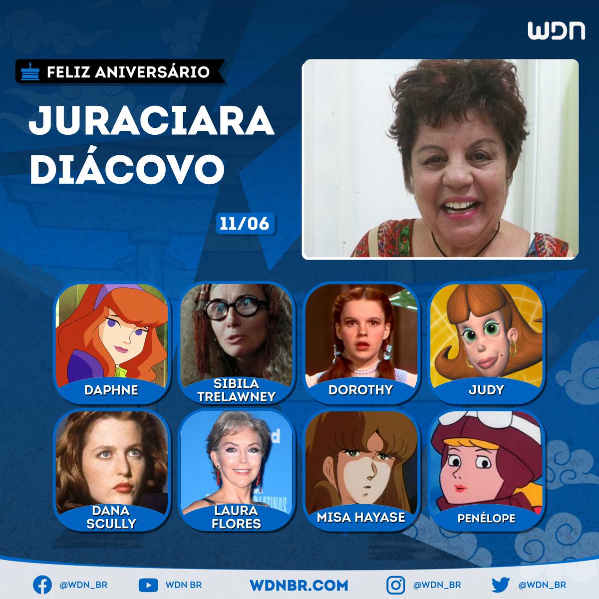 wdn_br's tweet photo. Voz clássica da Daphne em Scooby Doo e da Sibila em Harry Potter, hoje é aniversário da talentosíssima dubladora Juraciara Diácovo! Desejamos um dia cheio de comemorações e inúmeras realizações para essa ótima atriz de voz! 🎁🎂🎊🥳 https://t.co/VxHaZAdU12