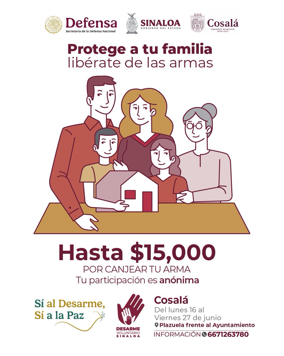 Atención ciudadana y ciudadano de #Cosalá, ya está por iniciar el #DesarmeVoluntario2025 en tu municipio.
Encuentra el módulo de canje a partir del próximo lunes 16 de junio en la Plazuela frente al Ayuntamiento. Participa, es ANÓNIMO.

 #SíalDesarme #SíalaPaz #PrevenciónEsAcción