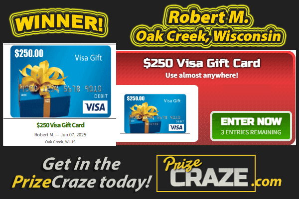 Congrats to $250 Visa Gift Card #Winner, Robert M. of Oak Creek, Wisconsin — June 7, 2025!🥳🎁

If you 💝LOVE #winning FREE PRIZES...
👇
Get in the PrizeCraze today: ow.ly/JeQv50W7kJX