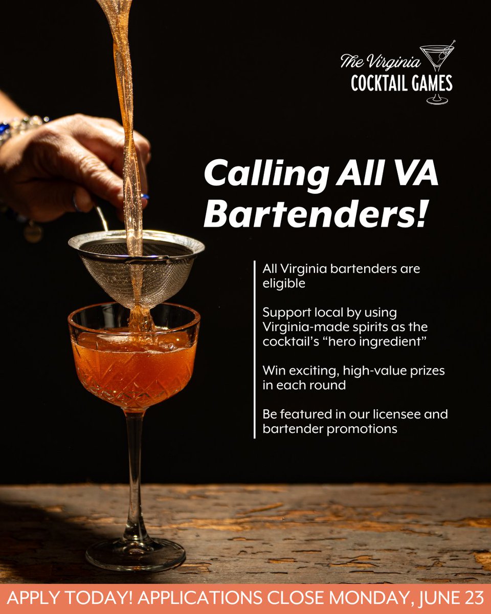 📣 Hey, Virginia bartenders! Are you ready to show off your skills in the 2025 Virginia Cocktail Games? Your original, Virginia-made cocktail could take the top spot—and earn you the title of 2025 Virginia Cocktail Games winner!

brnw.ch/21wTkyD