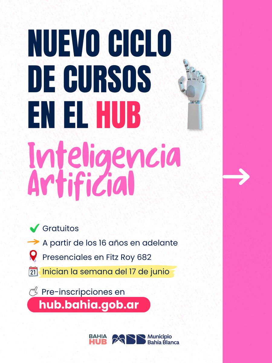 La IA está transformando el mundo y en Bahía Hub te preparamos para ser parte de este cambio 👩‍💻🌐

👉 ¡Mirá en este hilo los diferentes cursos sobre IA que tenemos para vos!