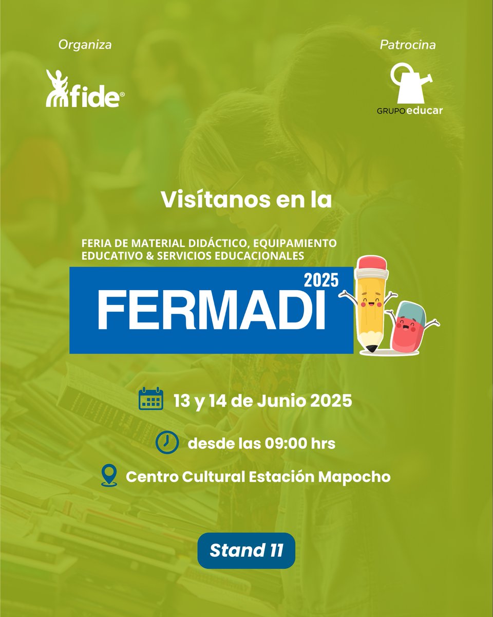 ¡Prepárate para vivir una experiencia inolvidable en FERMADI 2025! 🎨⚙️

🎉 ¡Te esperamos en nuestro stand 11° de Grupo Educar!

📍 Ubicación: Centro Cultural Estación Mapocho.

📅 13 y 14 de Junio.

La entrada es gratuita con previa inscripción.

#GrupoEducar #FERMADI2025
