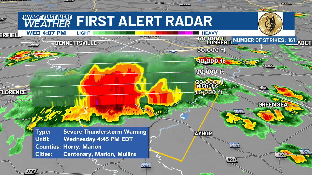 A strong storm over Marion County has shot up to nearly 45,000 feet and is producing strong winds and likely some hail.  A SEVERE THUNDERSTORM WARNING is in effect for Marion County and far western Horry County until 4:45 PM.  #SCwx @WMBFnews