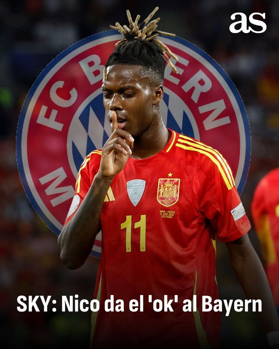 📰 Según informa Florian Plettenberg en SkySports, Nico Williams ya le ha comunicado al Bayern que se ve jugando en Múnich

📞 Ya ha habido una reunión con el entorno del jugador

💸
La cláusula: Entre 60 y 65 millones 
Sueldo: En torno a 20 millones