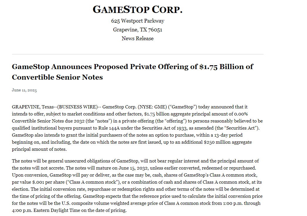 BREAKING: GAMESTOP Announces Proposed Private Offering of $1.75 Billion of Convertible Senior Notes $GME 🚨 SHARES DOWN 6% AFTER HOURS