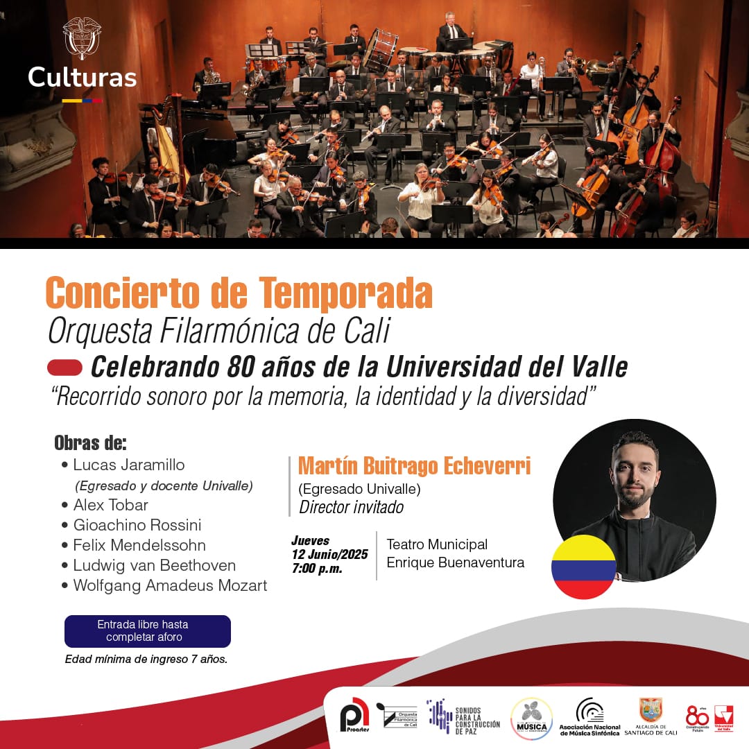 #UnivalleConstruyeFuturo 🎻 La Orquesta Filarmonica de Cali prepara un recital en homenaje a los 80 años de la Universidad del Valle

📆 Jueves 12.06
🕐 7:00pm
📍Teatro Municipal Enrique Buenaventura 
🎟 Entrada libre hasta completar aforo
