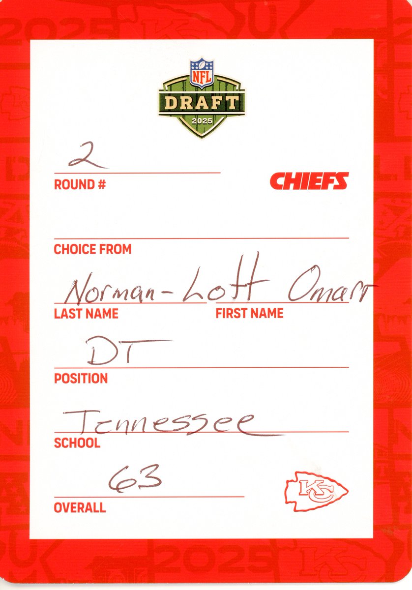 OMARR NORMAN-LOTT, <a href="/Chiefs/">Kansas City Chiefs</a> DT - Below is the actual draft card used to select Norman-Lott with the #63 overall pick in the 2025 NFL Draft. The card is kept at <a href="/ProFootballHOF/">Pro Football Hall of Fame</a>. #ChiefsKingdom #Chiefs #KansasCity #NFL #NFLUK #NFL2025 #NFLDraft #NFLDraft2025 #nflnews #NFLDraft25