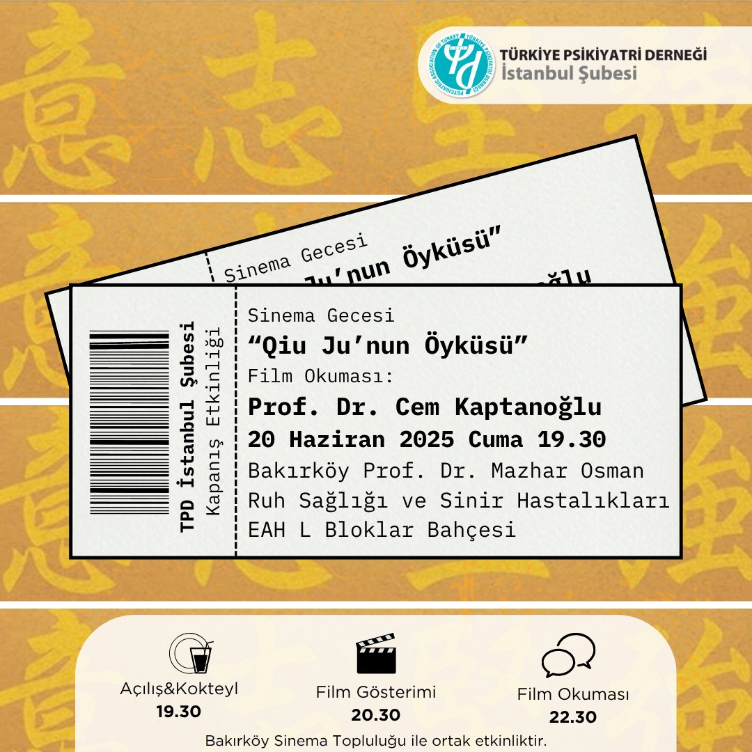 20 Haziran 2025 (Cuma) günü saat 19.30’da Açık Hava Sinema Gecesi Etkinliği'nde bir araya geleceğiz. Qiu Ju'nun Öyküsü filmini izleyecek ve Prof. Dr. Cem Kaptanoğlu'nun katkılarıyla tartışacağız. Görüşmek üzere!