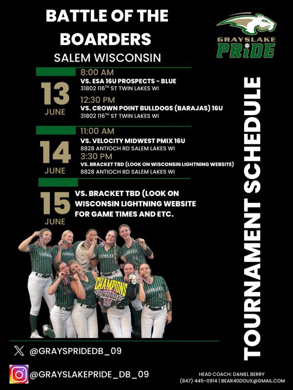 PiperBerry2028 (@piperberry2028) on Twitter photo This weekend is the battle of the borders tourney in Wisconsin. I will be attending the camp tomorrow and cant wait to compete!
<a href="/GraysPrideDB_09/">Daniel Berry</a>
<a href="/CoachPena_BSU/">Helen Peña</a>
<a href="/JoeKinsella66/">Coach Joe Kinsella</a>
<a href="/jillienwaldron/">Jillien</a>
<a href="/BelmontSoftball/">Belmont Softball</a>
<a href="/SunilSportsNews/">Sports News By Sunil Sunder Raj</a>
<a href="/LineDsoftball/">Line Drive Media</a> This weekend is the battle of the borders tourney in Wisconsin. I will be attending the camp tomorrow and cant wait to compete!
<a href="/GraysPrideDB_09/">Daniel Berry</a>
<a href="/CoachPena_BSU/">Helen Peña</a>
<a href="/JoeKinsella66/">Coach Joe Kinsella</a>
<a href="/jillienwaldron/">Jillien</a>
<a href="/BelmontSoftball/">Belmont Softball</a>
<a href="/SunilSportsNews/">Sports News By Sunil Sunder Raj</a>
<a href="/LineDsoftball/">Line Drive Media</a>