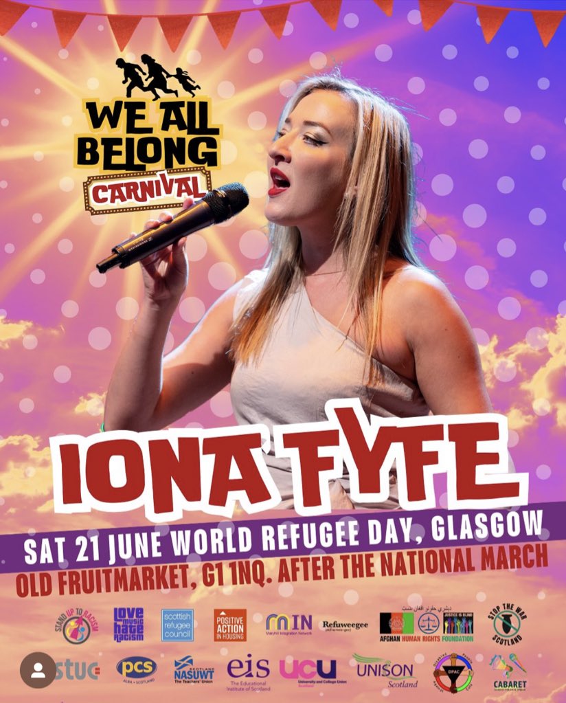 Very excited to be singing at the We All Belong Carnival as part of World Refugee Day and Love Music Hate Racism on 21st June at the Old Fruitmarket in Glasgow. ✊