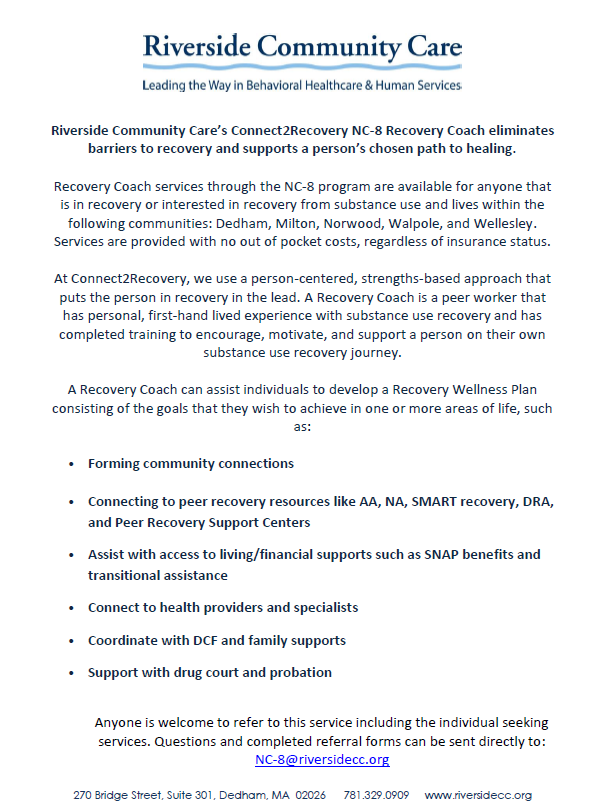 Free Recovery Coach Services are available for Milton residents  -  offered by Riverside Community Care. Please see flyer below for more information.