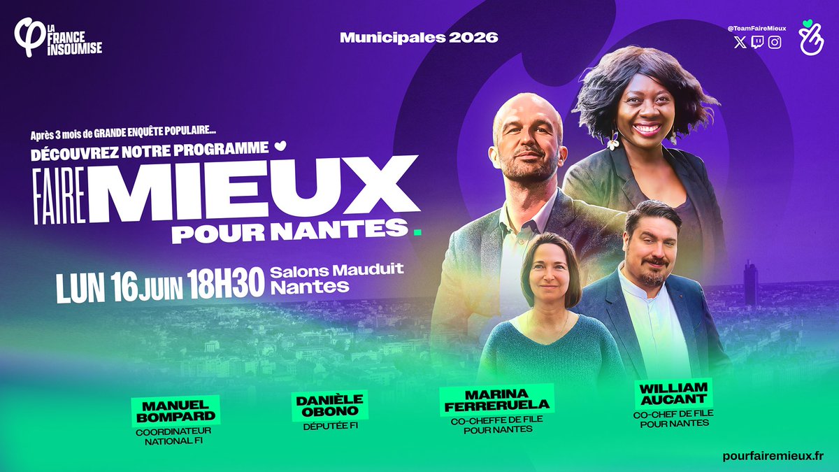 William Aucant (@williamaucant) on Twitter photo 🙌 Nantes, il est temps !
Lundi 16 juin, on vous dévoile les propositions issues de 4 mois de #GrandeEnquêtePopulaire 💟
Une ville qui protège, loge, soigne, respire. 🌿
📍 18h30 – Aux Salons Mauduit
Avec <a href="/mbompard/">Manuel Bompard</a>, <a href="/Deputee_Obono/">Députée Obono</a> & la <a href="/TeamFaireMieux/">🫰Faire Mieux pour Nantes</a> 🫰
#Nantes2026 🙌 Nantes, il est temps !
Lundi 16 juin, on vous dévoile les propositions issues de 4 mois de #GrandeEnquêtePopulaire 💟
Une ville qui protège, loge, soigne, respire. 🌿
📍 18h30 – Aux Salons Mauduit
Avec <a href="/mbompard/">Manuel Bompard</a>, <a href="/Deputee_Obono/">Députée Obono</a> & la <a href="/TeamFaireMieux/">🫰Faire Mieux pour Nantes</a> 🫰
#Nantes2026
