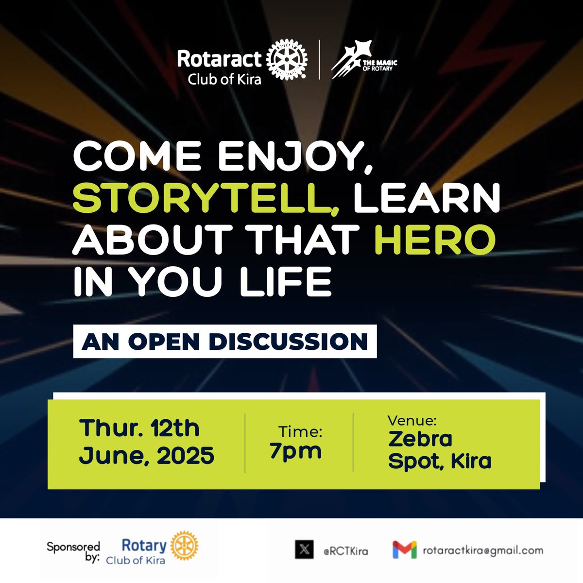 _Rotaractors believe in the power of service and the impact of heroes in our lives_

In celebration of Heroes day we want to hear about the hero in your life,join us this Thursday 12th June 2025

📍Zebra spot,kira
⏰7pm 
📅Thursday 12th June,2025

Come with a friend😊