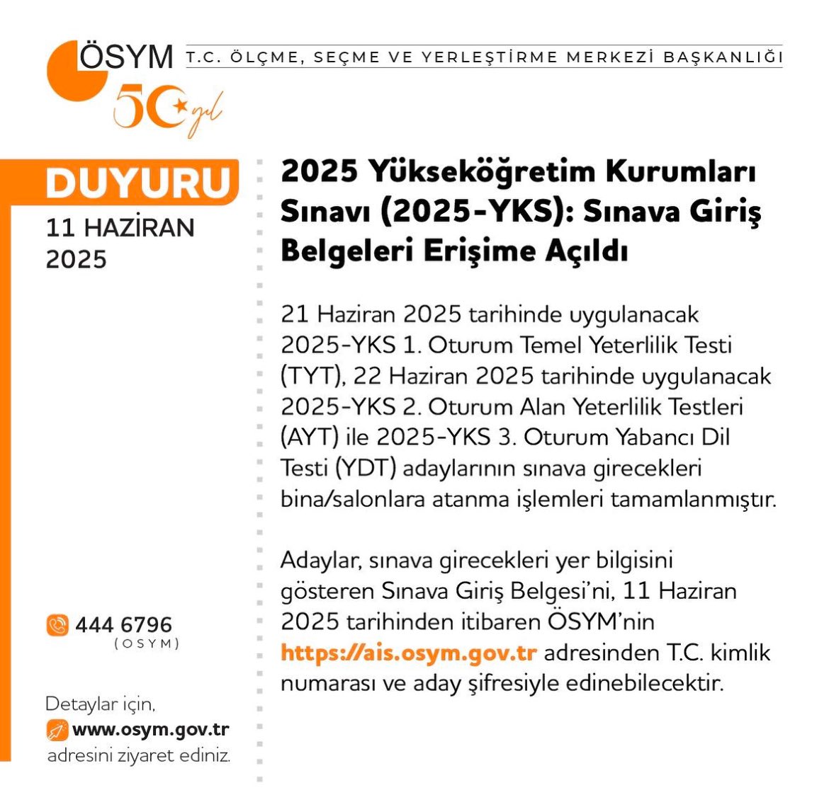 2025 Yüksek Öğretim Kurumları Sınavı (2025 YKS) Sınava Giriş Belgeleri Erişime Açıldı.