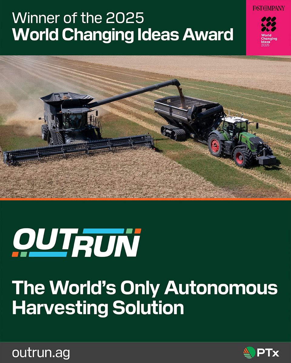 PTx Trimble (@ptx_trimble) on Twitter photo Exciting news! #OutRun just earned a <a href="/FastCompany/">Fast Company</a> #WorldChangingIdeas Award!
OutRun = autonomous grain cart tech that tackles labor shortages + boosts sustainability.
Already a Davidson Prize winner — and we’re just getting started. Read more here: outrunag.com Exciting news! #OutRun just earned a <a href="/FastCompany/">Fast Company</a> #WorldChangingIdeas Award!
OutRun = autonomous grain cart tech that tackles labor shortages + boosts sustainability.
Already a Davidson Prize winner — and we’re just getting started. Read more here: outrunag.com