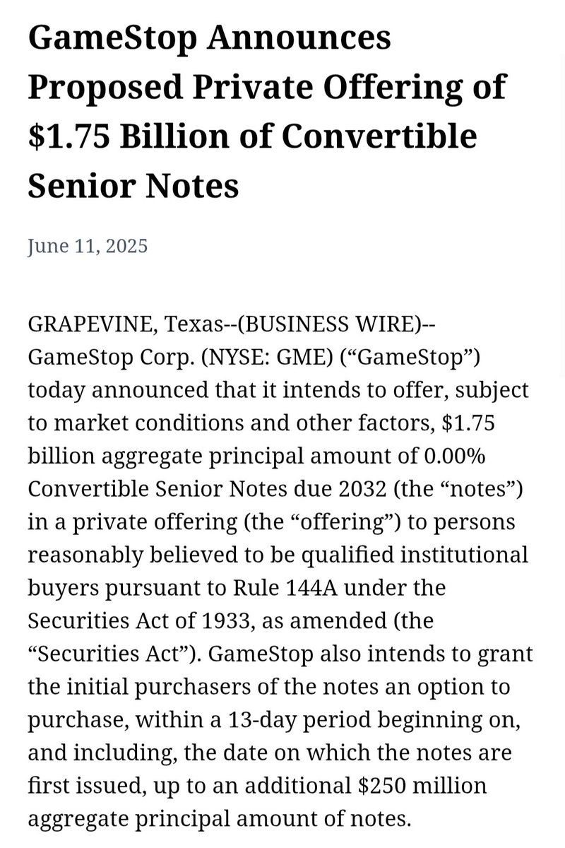 GameStop Announces Proposed Private Offering of $1.75 Billion of Convertible Senior Notes

$GME