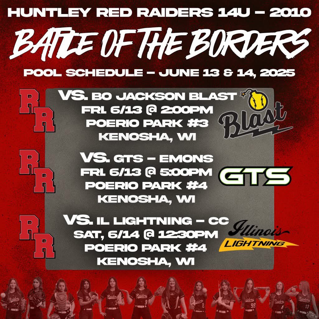 EXCITED FOR THIS ONE... Wisconsin Lightning's Battle of the Borders, this weekend June 13-15, 2025!  Here's the pool schedule for the HRR 14U 2010 crew (2028's and 2029's) WHO. WILL. BE. WATCHING?
