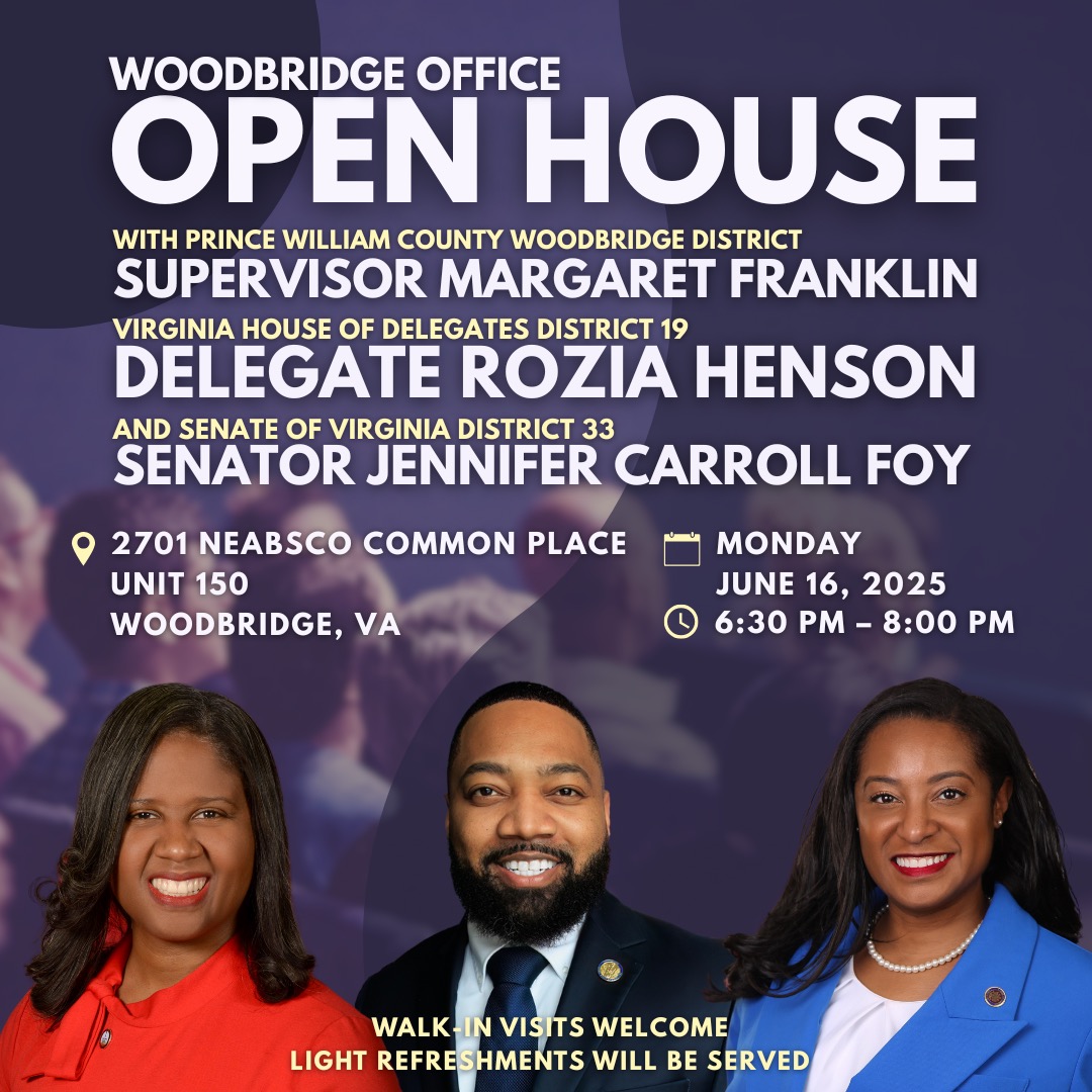 Sen. Jennifer Carroll Foy (@jcarrollfoy) on Twitter photo Join me, <a href="/MargaretforVA/">Margaret Angela Franklin</a>, and <a href="/Henson4Virginia/">Delegate Rozia A. Henson Jr</a> for an Office Open House event in Woodbridge!
We look forward to meeting Prince William County residents, answering questions, and connecting folks with resources. Join me, <a href="/MargaretforVA/">Margaret Angela Franklin</a>, and <a href="/Henson4Virginia/">Delegate Rozia A. Henson Jr</a> for an Office Open House event in Woodbridge!
We look forward to meeting Prince William County residents, answering questions, and connecting folks with resources.