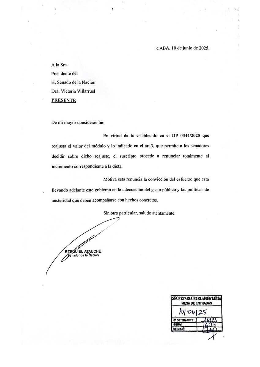 Ezequiel Atauche (@ezeatauche) on Twitter photo Como dijo el presidente <a href="/JMilei/">Javier Milei</a>: nosotros debemos ser los primeros en poner el hombro.
Esta es mi renuncia al aumento de dieta. Lo anunciamos y cumplimos. Porque dar el ejemplo es parte del cambio de paradigma que estamos llevando a cabo en la Nación.
¡VLLC! Como dijo el presidente <a href="/JMilei/">Javier Milei</a>: nosotros debemos ser los primeros en poner el hombro.
Esta es mi renuncia al aumento de dieta. Lo anunciamos y cumplimos. Porque dar el ejemplo es parte del cambio de paradigma que estamos llevando a cabo en la Nación.
¡VLLC!