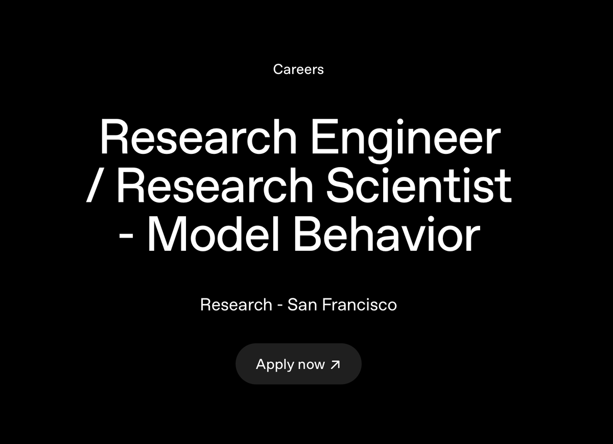 aidan_mclau's tweet image. i’m forming a model behavior research team !
i'm realizing llms are not alien artifacts, but rather craftsman works, like a braun record player or a compelling tolkien character
join to do art & eval research on the internal frontier AND products that’ll reach billions