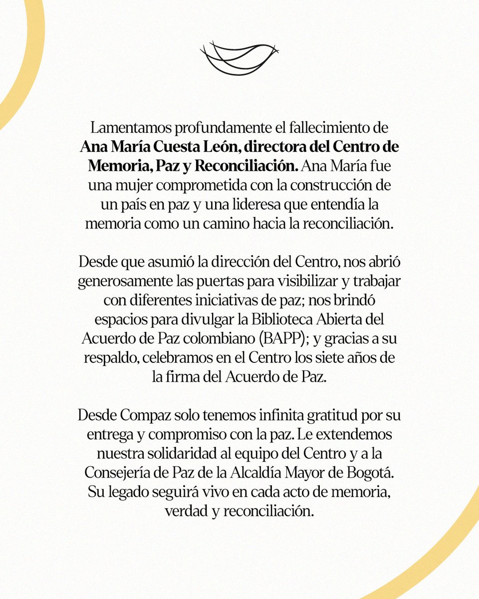 Ana María Cuesta León fue una mujer comprometida con la construcción de un país en paz y una lideresa que entendía la memoria como un camino hacia la reconciliación. (q.e.p.d.)

Su legado seguirá vivo en cada acto de memoria, verdad y reconciliación 🕊️