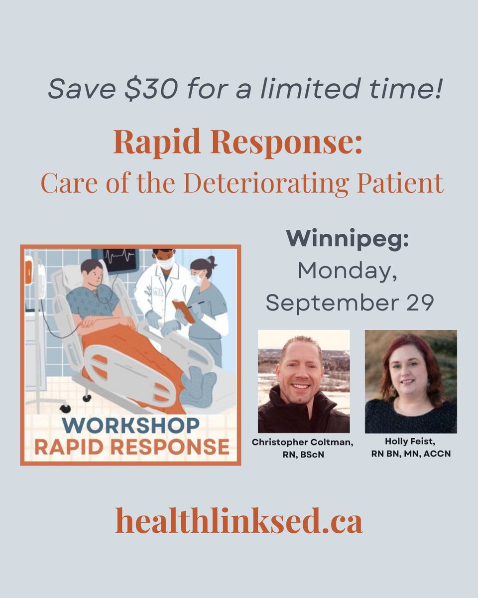 HealthLinksEd's tweet photo. Save $30 for a limited time on: “Rapid Response: Care of the Deteriorating Patient” in Winnipeg on Monday, September 29.

Join speakers Christopher Coltman, RN, BScN and Holly Feist, RN BN, MN, ACCN.
Price includes lunch, handouts & a certificate of completion.
*Group rates available!

https://t.co/RsmdoRO4oa

#rapidresponse