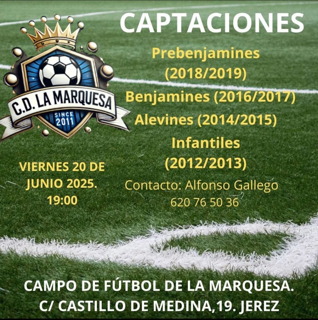 ¿Sabías que en la Marquesa tenemos un club de fútbol?  Te damos la posibilidad de formarte jugando a lo que más te gusta. Ahora tenéis una oportunidad inmejorable de venir a conocernos. Queremos contar contigo de cara a la temporada 25/26.
¡Os esperamos a todas/os!