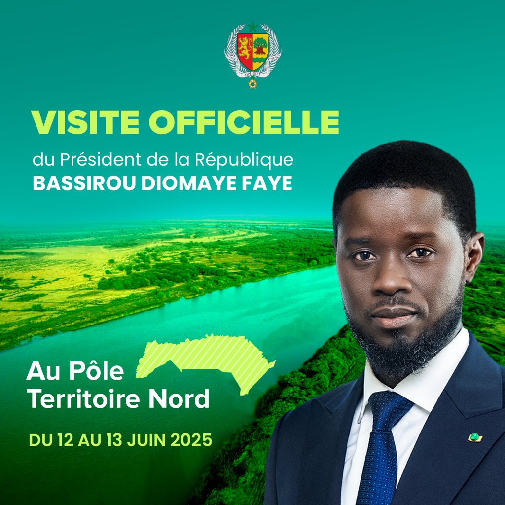 Ousseynou LY (@citizenlysn) on Twitter photo Son Excellence Monsieur le Président de la République <a href="/PR_Diomaye/">Bassirou Diomaye Faye</a> effectuera une visite dans le pôle territoire nord (région de Saint-Louis), les jeudi 12 et vendredi 13 juin 2025.
Cette visite s’inscrit dans le cadre du suivi et de l'évaluation des projets structurants initiés Son Excellence Monsieur le Président de la République <a href="/PR_Diomaye/">Bassirou Diomaye Faye</a> effectuera une visite dans le pôle territoire nord (région de Saint-Louis), les jeudi 12 et vendredi 13 juin 2025.
Cette visite s’inscrit dans le cadre du suivi et de l'évaluation des projets structurants initiés