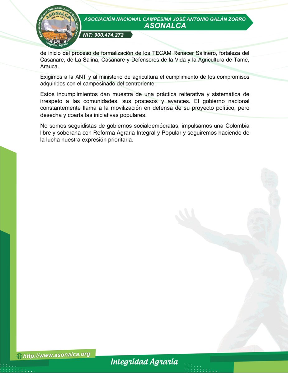 ASOCIACIÓN NACIONAL CAMPESINA JOSÉ A. GALÁN ZORRO (@asonalca_) on Twitter photo Comunicado a la opinión pública. La Agencia Nacional de Tierras (<a href="/AgenciaTierras/">Agencia Nacional de Tierras</a>) en cabeza de Felipe Harman (<a href="/harmanfelipe/">Harman Felipe</a>) dilata e incumple los compromisos con el campesinado. Comunicado a la opinión pública. La Agencia Nacional de Tierras (<a href="/AgenciaTierras/">Agencia Nacional de Tierras</a>) en cabeza de Felipe Harman (<a href="/harmanfelipe/">Harman Felipe</a>) dilata e incumple los compromisos con el campesinado.