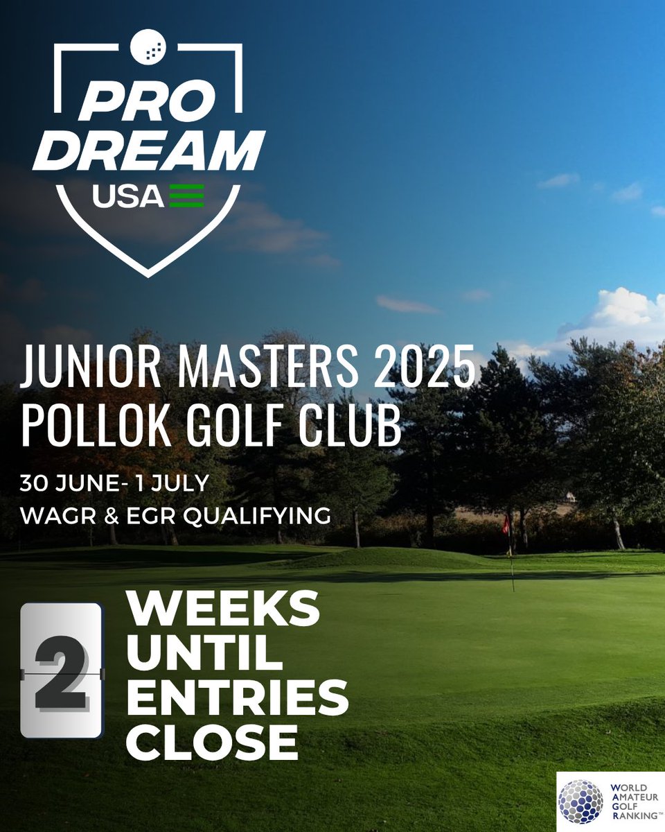Less than 2 weeks to go until entries close for the ProDreamUSA Junior Masters!

Secure your spot at our WAGR and EGR qualifying event today!

Visit the NewsHub section of our website to enter ⛳ ➡️ prodreamusa.com/post/prodreamu…

Don't miss out on this opportunity!