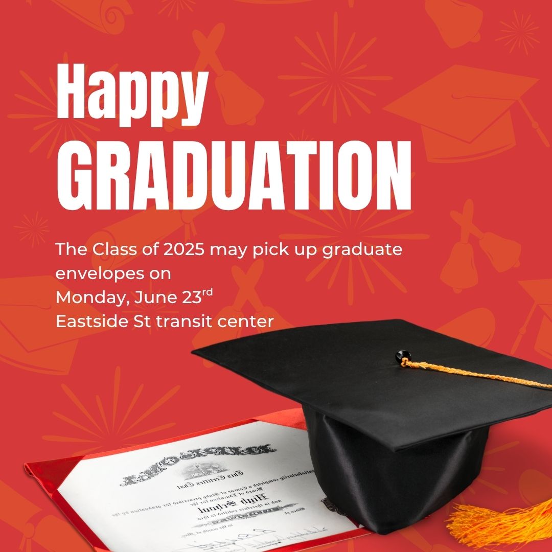 The Class of '25 may pick up graduate envelopes on Monday, June 23, in the transit center.  
Please do your best to adhere to the following times:

·  Last name A-L:  9 – 11:30 AM
·  Last name M-Z:  12:30 – 3 PM

<a href="/LamarTexans/">Lamar</a>