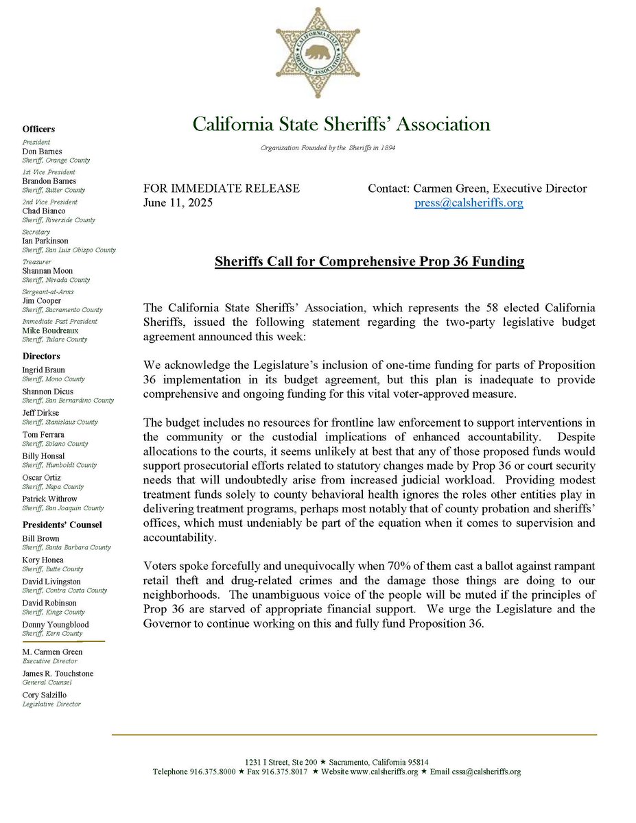 CSSA (@calsheriffs) on Twitter photo FOR IMMEDIATE RELEASE
Contact: Carmen Green, Executive Director
June 11, 2025
press@calsheriffs.org
Sheriffs Call for Comprehensive Prop 36 Funding FOR IMMEDIATE RELEASE
Contact: Carmen Green, Executive Director
June 11, 2025
press@calsheriffs.org
Sheriffs Call for Comprehensive Prop 36 Funding