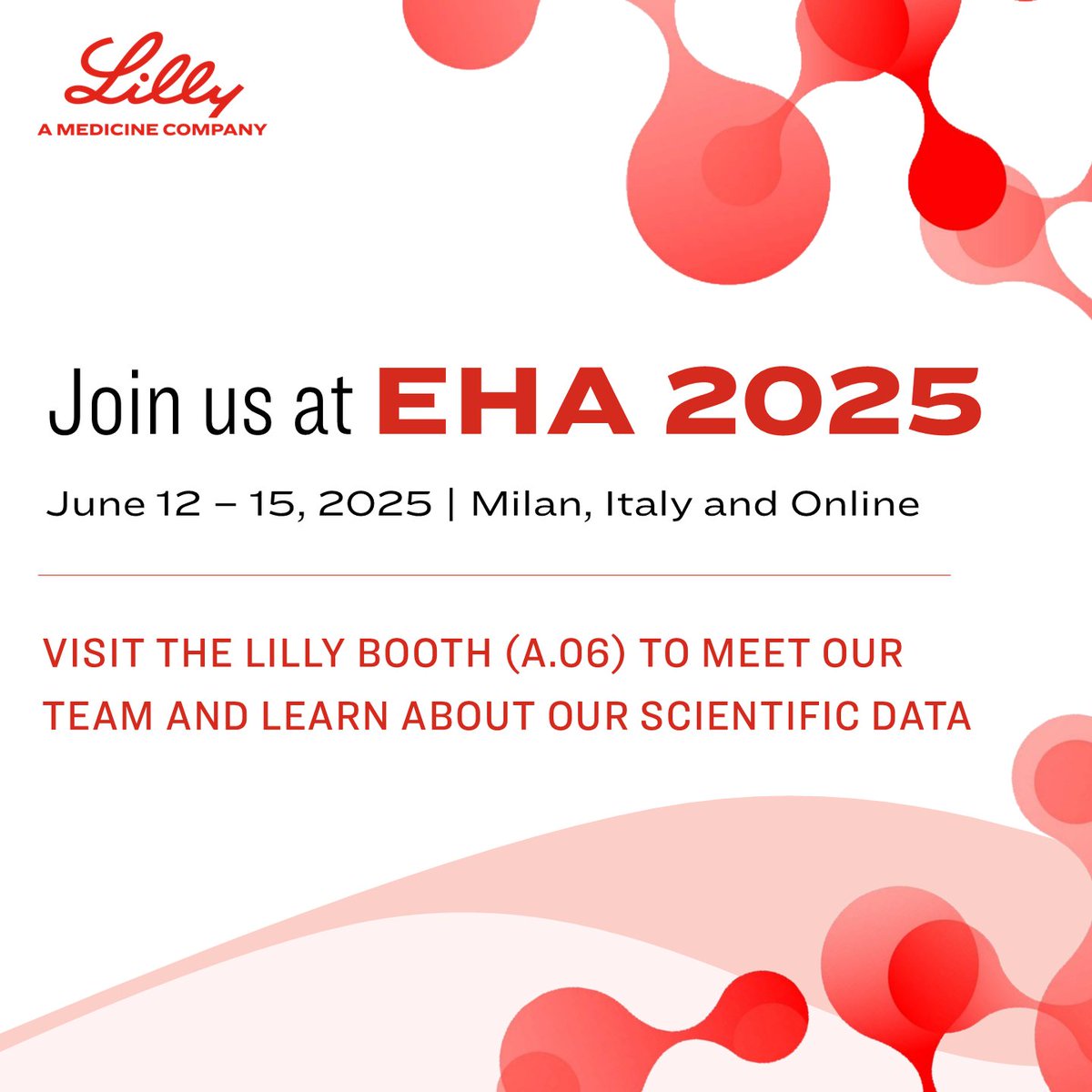 LillyOncMed's tweet image. We’re excited to join the #hematology community at #EHA2025!
Attendees, stop by booth A.06 to meet our medical team or click the link to learn more about the research we’re presenting: e.lilly/43XKvP4
#Leusm #Lymsm #CancerResearch