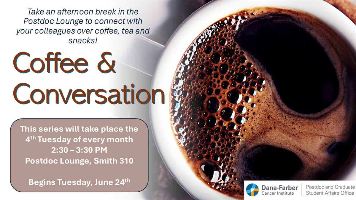 Take an afternoon break in the Postdoc Lounge to connect with your colleagues over coffee, tea, and snacks!

Starting on June 24th at 2:30pm, and then taking place the 4th Tuesday of each month.