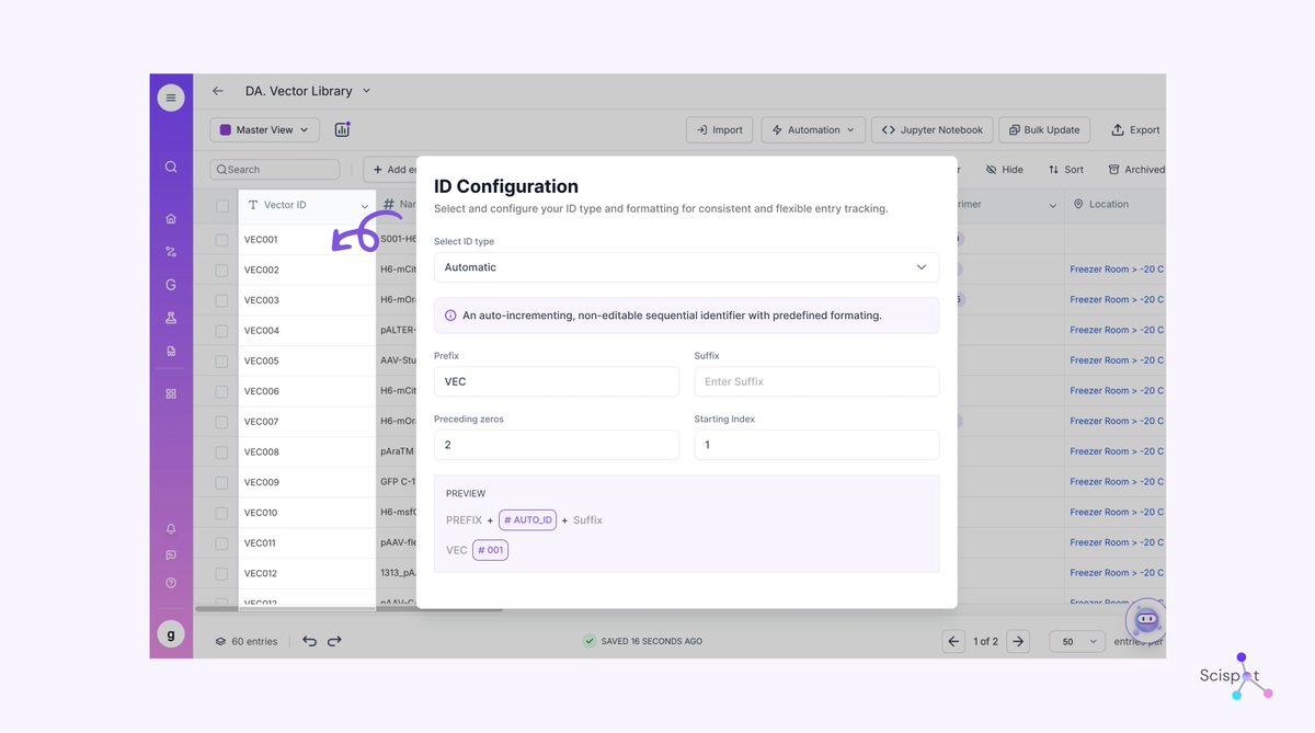 Did you know?

Biotech labs lose 20+ hours/week tracking samples manually. Scispot's auto-ID system eliminates mix-ups:

✅ VEC-001 auto-generates for vectors
✅ Connects to your ELN workflows
✅ Prevents costly sample errors

Book a demo to learn more: scispot.com/demo