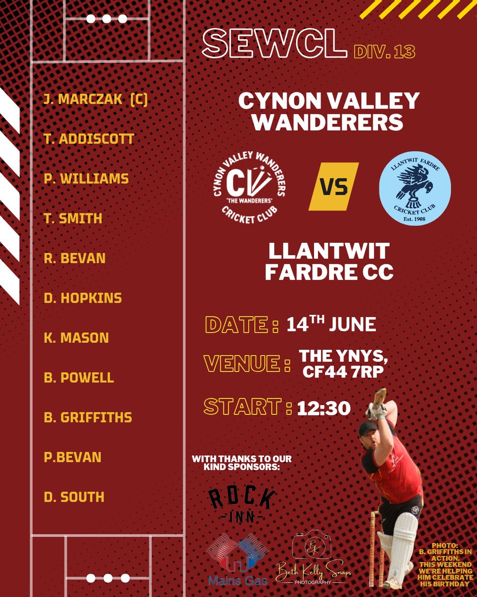 Cynon Valley Wanderers CC (@cvwandererscc) on Twitter photo Our team to face <a href="/FardreCC/">Llantwit Fardre Cricket Club</a> this Saturday. Hopefully, the weather holds off, and we can get a game.
Also, this weekend, our own Ben will be celebrating his 31st birthday.
Come on down, cheer on the lads, and help celebrate Ben's birthday Our team to face <a href="/FardreCC/">Llantwit Fardre Cricket Club</a> this Saturday. Hopefully, the weather holds off, and we can get a game.
Also, this weekend, our own Ben will be celebrating his 31st birthday.
Come on down, cheer on the lads, and help celebrate Ben's birthday