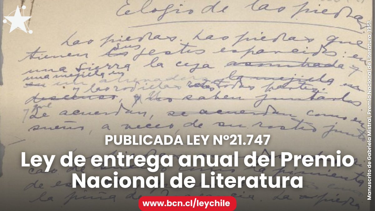🔴Publicada Ley número 21.747 | Introduce modificaciones a la ley N° 19.169, que establece normas sobre otorgamiento de premios nacionales, para otorgar anualmente el Premio Nacional de Literatura.

📲Ver en Ley Chile: bcn.cl/leychile/naveg…

📲Ver Historia de la ley:
