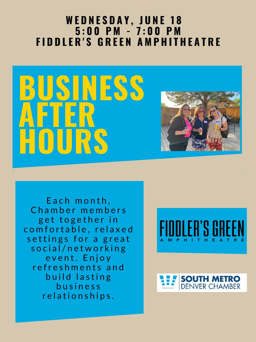 ❗Upcoming Chamber Event
💼 Business After Hours 
📅 Wednesday, June 18 | 5:00 PM - 7:00 PM
📍Fiddler's Green Amphitheatre
🔗ow.ly/hFpj50W80KP

Please join us for SMDC's monthly premier networking opportunity at Fiddler's Green Amphitheatre!