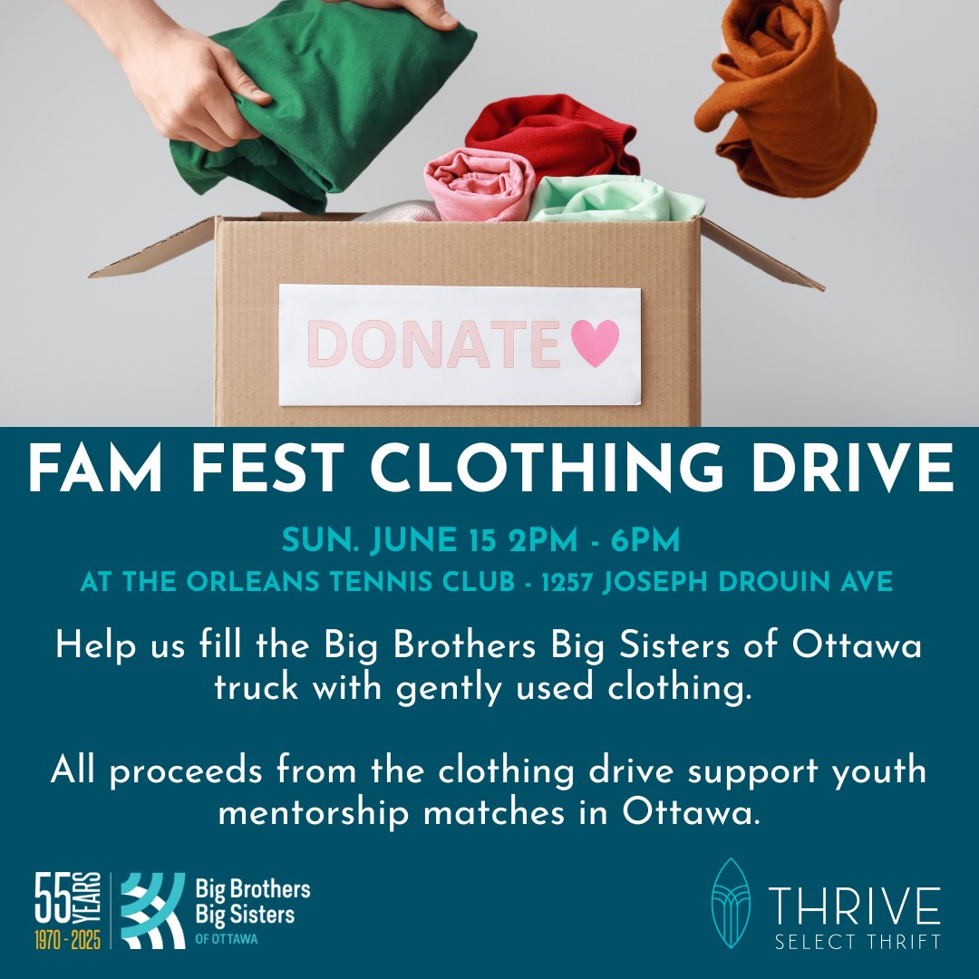 Thrive Thrift | Big Brothers Big Sisters Ottawa (@thrivethrift85) on Twitter photo π FAM FEST CLOTHING DRIVE
π
Sun, June 15 | π 2β6 PM
π Orleans Tennis Club β 1257 Joseph Drouin Ave
Help us FILL the <a href="/BBBSO/">Big Brothers Big Sisters Ottawa</a> truck with gently used clothing! All donations support youth mentorship in Ottawa π
Letβs make a difference. π π FAM FEST CLOTHING DRIVE
π
Sun, June 15 | π 2β6 PM
π Orleans Tennis Club β 1257 Joseph Drouin Ave
Help us FILL the <a href="/BBBSO/">Big Brothers Big Sisters Ottawa</a> truck with gently used clothing! All donations support youth mentorship in Ottawa π
Letβs make a difference. π