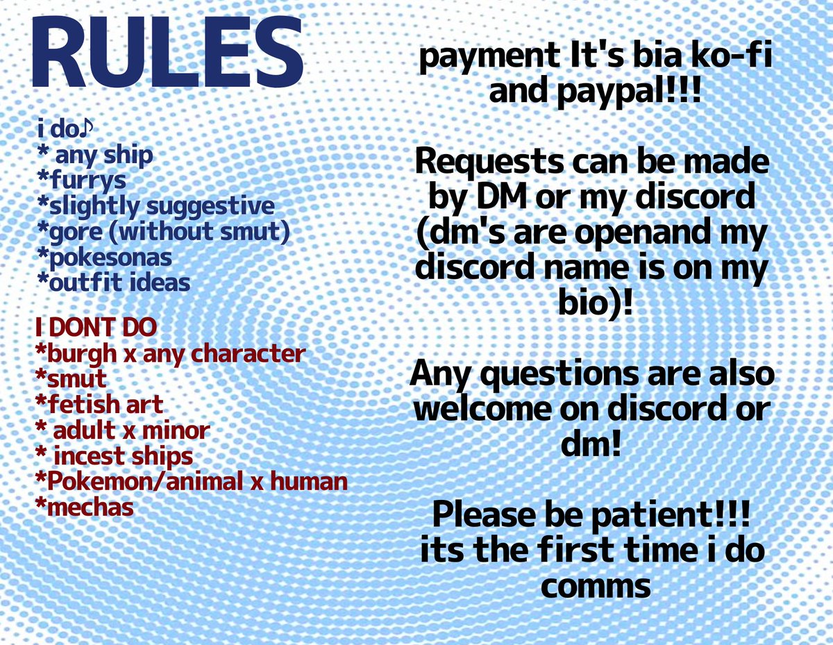 Aniki777_'s tweet image. C0mmissi0ns Open!!!
Its the first time i do these things, so please be patient with meπ I don't think I'll get that many requests, but if I get more than 5 I'll probably close them!
All info is on pics β
#yumeship #selfship #riako #pokemon