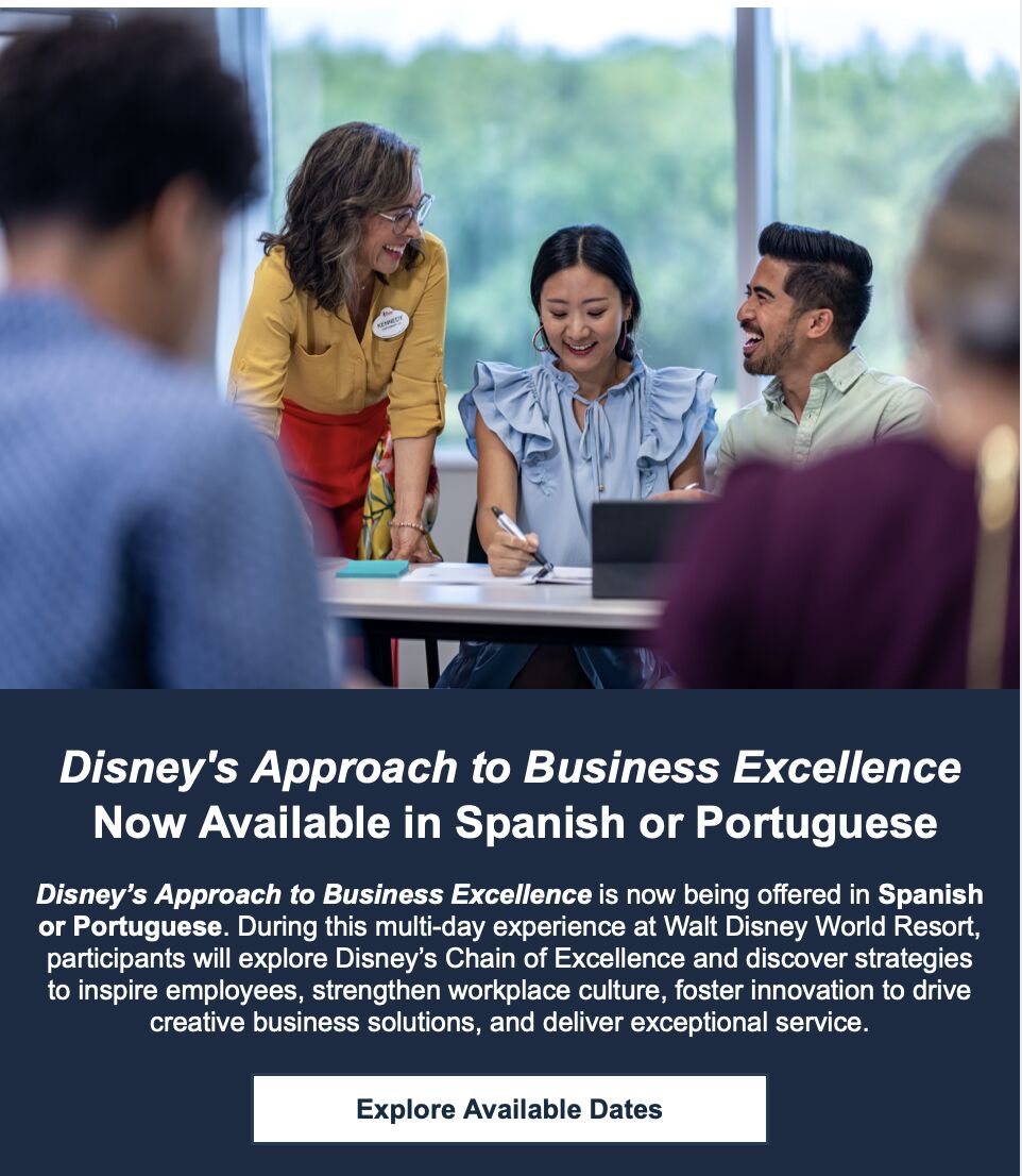 ✨Ever wondered how Disney delivers world-class service and runs one of the most admired businesses in the world? Now’s your chance to find out. Disney’s Approach to Business Excellence is now offered in Spanish and Portuguese! 🔗 Learn more visiting DisneyInstitute.com.