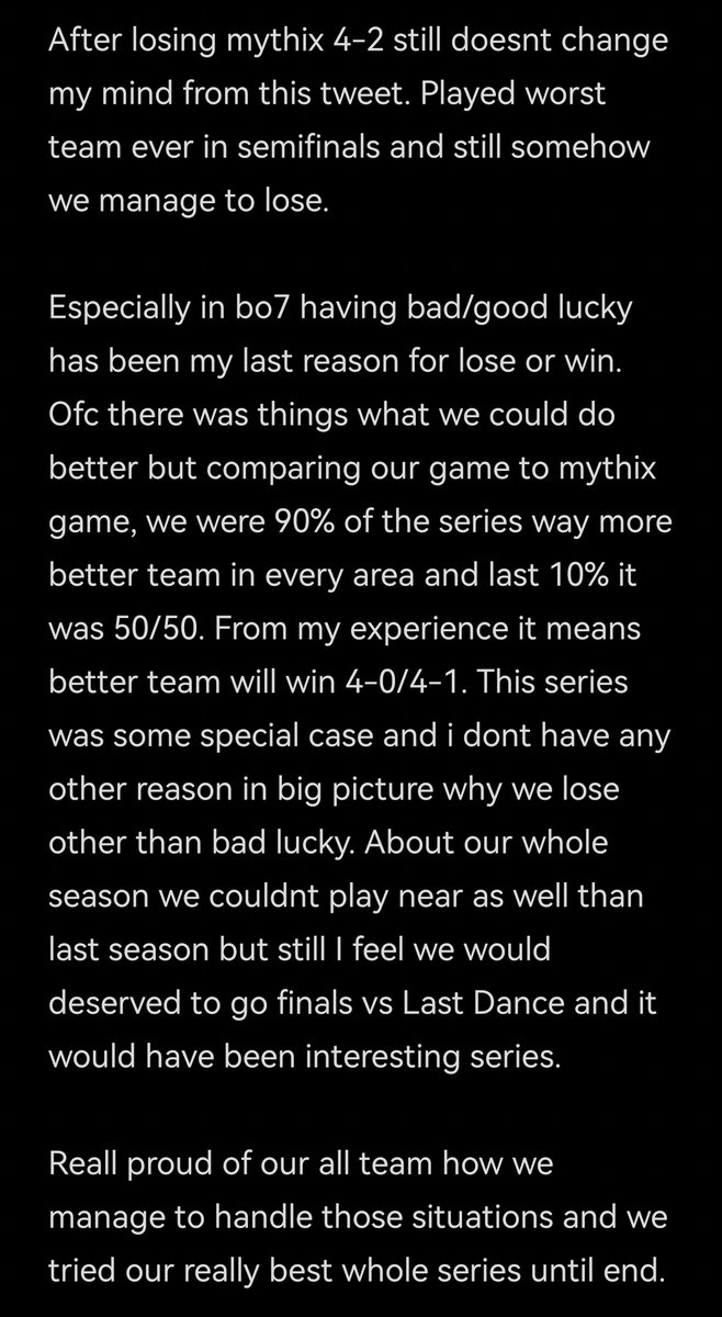 Tomi Laitinen (@txmbo999) on Twitter photo My full honest thoughts about our series vs Mythix.
<a href="/LastDanceNHL/">Last Dance</a> enjoy your easiest Elite Finals ever.
I know this tweet sounds salty but if someone didnt watch the games, I recommend to go watch vods.
See you in next NHL! My full honest thoughts about our series vs Mythix.
<a href="/LastDanceNHL/">Last Dance</a> enjoy your easiest Elite Finals ever.
I know this tweet sounds salty but if someone didnt watch the games, I recommend to go watch vods.
See you in next NHL!