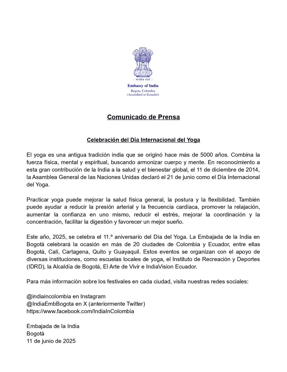 India in Colombia (@indiaembbogota) on Twitter photo Comunicado de Prensa Día Internacional del Yoga 2025
Press Release International Day of Yoga 2025
#InternationalDayofYoga #IDY2025 #YogaForOneEarthOneHealth #YogaDay2025 #YogaForAll #YogaMahotsav
<a href="/MEAIndia/">Randhir Jaiswal</a> <a href="/IndianDiplomacy/">Indian Diplomacy</a> <a href="/iccr_hq/">ICCR</a> <a href="/MinOfCultureGoI/">Ministry of Culture</a> <a href="/moayush/">Ministry of Ayush</a> <a href="/IDRD/">🟨🟥Recreación y Deporte</a> @ Comunicado de Prensa Día Internacional del Yoga 2025
Press Release International Day of Yoga 2025
#InternationalDayofYoga #IDY2025 #YogaForOneEarthOneHealth #YogaDay2025 #YogaForAll #YogaMahotsav
<a href="/MEAIndia/">Randhir Jaiswal</a> <a href="/IndianDiplomacy/">Indian Diplomacy</a> <a href="/iccr_hq/">ICCR</a> <a href="/MinOfCultureGoI/">Ministry of Culture</a> <a href="/moayush/">Ministry of Ayush</a> <a href="/IDRD/">🟨🟥Recreación y Deporte</a> @