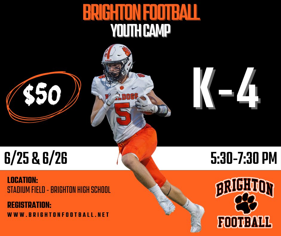 Our K-4 Youth Camp is just two weeks away!  If you have not yet signed up, visit brightonfootball.net and click on the Summer Football Camp Registration link at the top of the page.